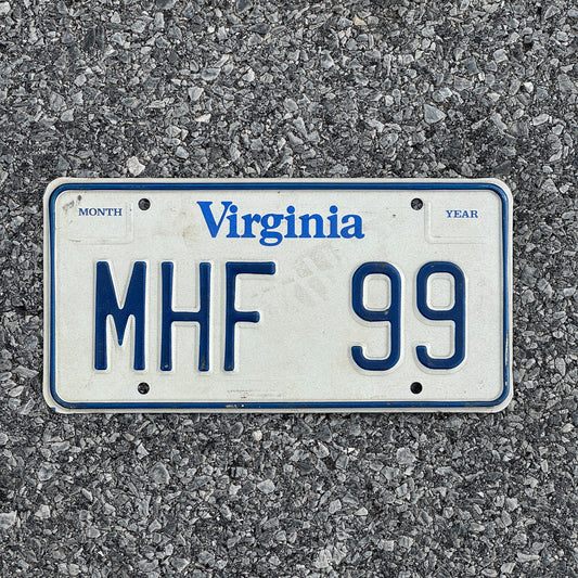 Photo of a 1980 Virginia Vanity License Plate Auto Tag 2 Garage Decor Initials Name MHF 99