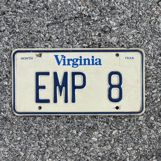 Photo of a 1980 Virginia Vanity License Plate Auto Tag Garage Decor Vintage Initials Name EMP 8