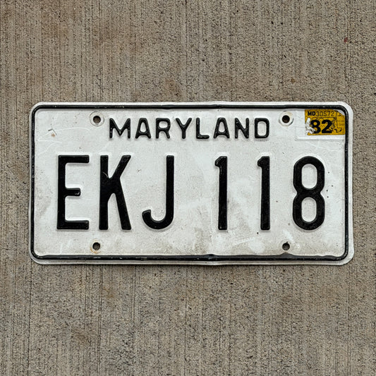 Photo of a 1981 1982 Maryland License Plate Auto Tag Garage Decor Vintage EKJ 118 with original patina