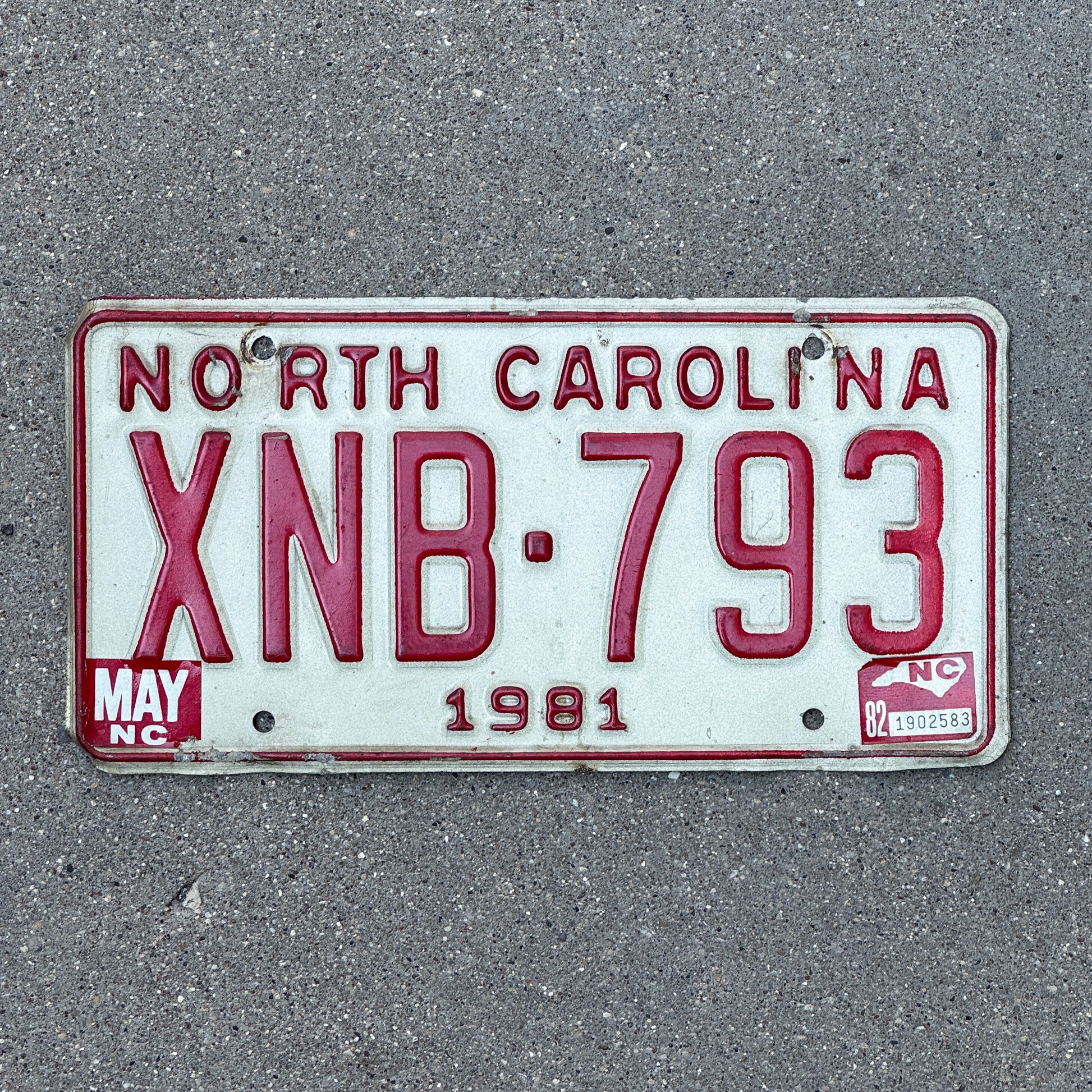Photo of a 1981 1982 North Carolina License Plate Auto Tag Garage Decor Vintage XNB 793 with original patina