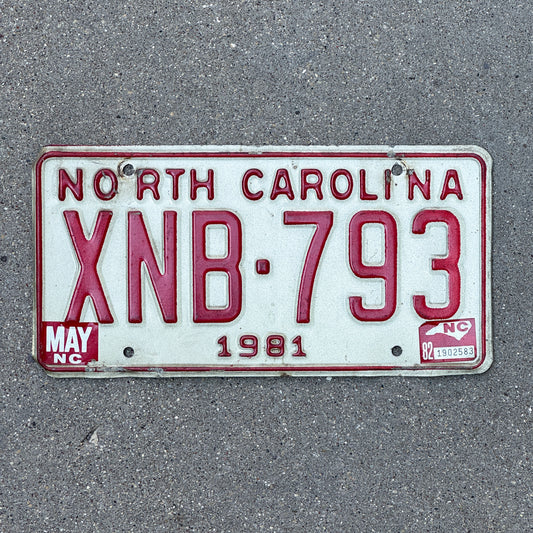 Photo of a 1981 1982 North Carolina License Plate Auto Tag Garage Decor Vintage XNB 793 with original patina