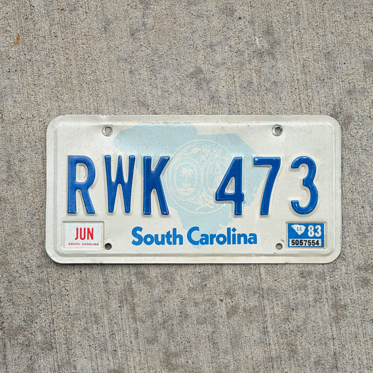 Photo of a 1981 1983 South Carolina License Plate Auto Tag Garage Decor Vintage RWK 473 with original patina