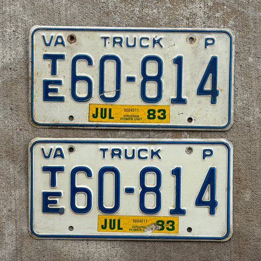 Photo of a 1981 1983 Virginia Truck License Plate Pair Auto Tag Garage Decor Vintage TE 60 814 with original patina