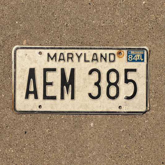Photo of a 1981 1984 Maryland License Plate Auto Tag Garage Decor Vintage AEM 385
