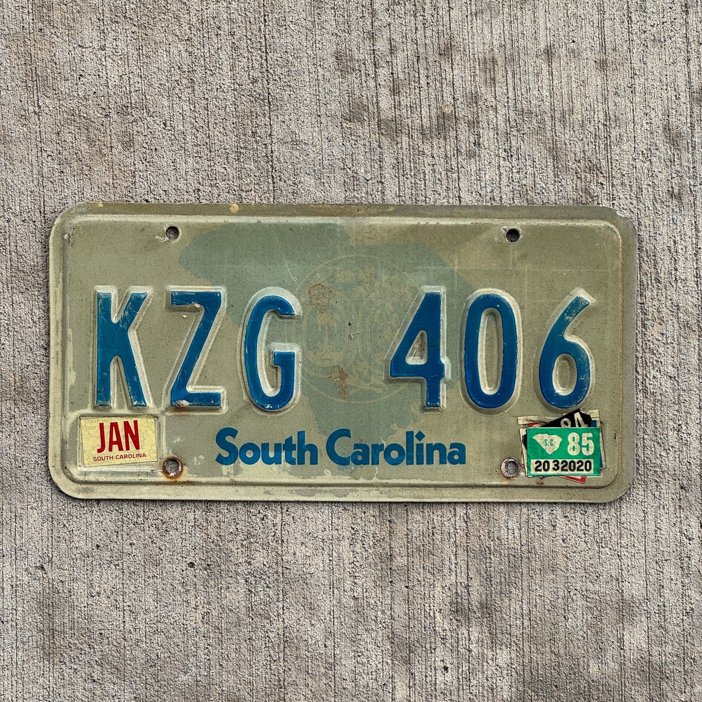 Photo of a 1981 1985 South Carolina License Plate Auto Tag Garage Decor Vintage KZG 406 with original patina