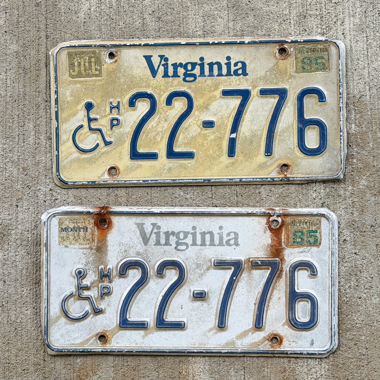 Photo of a 1981 1985 Virginia Handicap License Plate Pair Auto Tag Garage Decor Vintage 22 776 with original patina