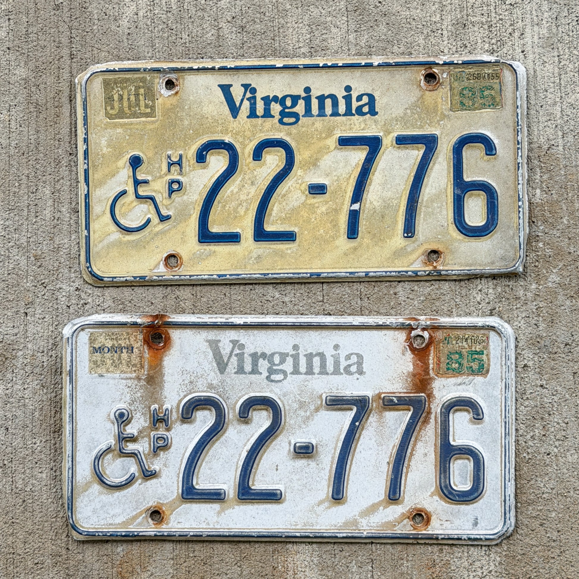 Photo of a 1981 1985 Virginia Handicap License Plate Pair Auto Tag Garage Decor Vintage 22 776 with original patina