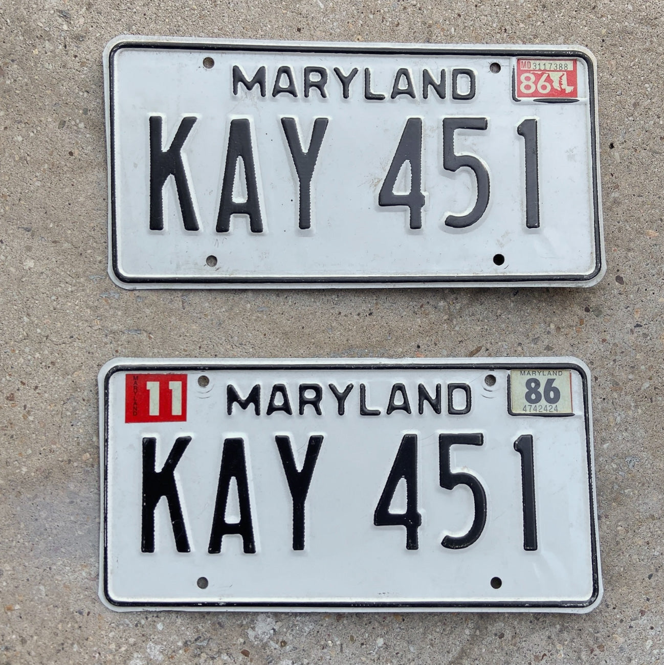 Photo of a 1981 1986 Maryland License Plate Pair Auto Tag Garage Decor Vintage KAY 451 with original patina