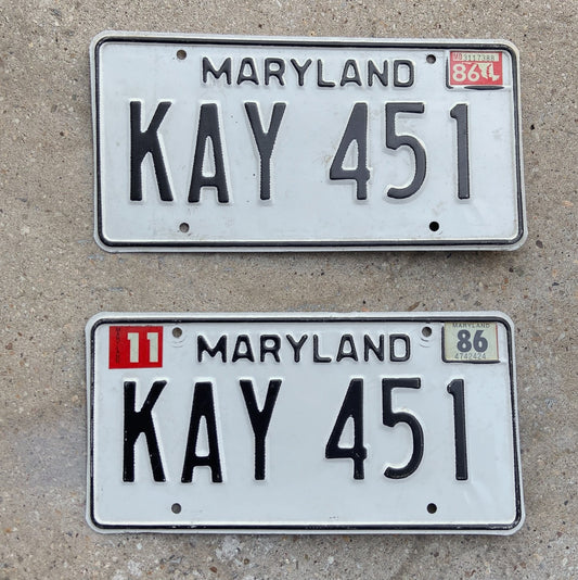 Photo of a 1981 1986 Maryland License Plate Pair Auto Tag Garage Decor Vintage KAY 451 with original patina