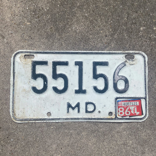 Photo of a 1981 1986 Maryland Motorcycle License Plate Auto Tag Garage Decor Vintage 55156 with original patina