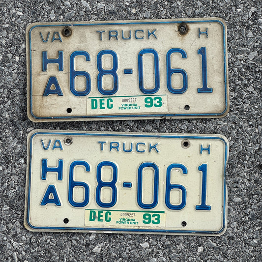 Photo of a 1981 1993 Virginia Truck for Hire License Plate Pair Auto Tag Garage Decor Vintage HA 68 061