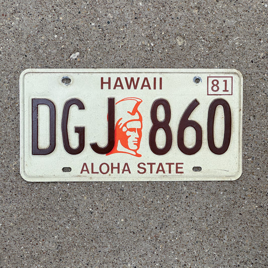 Photo of a 1981 Hawaii License Plate Auto Tag Garage Decor Vintage Kamehameha Base DGJ 860 with original patina