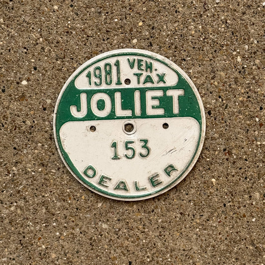 Photo of a 1981 Illinois Dealer Tax Tag Auto Tag Garage Decor Vintage Joliet 153