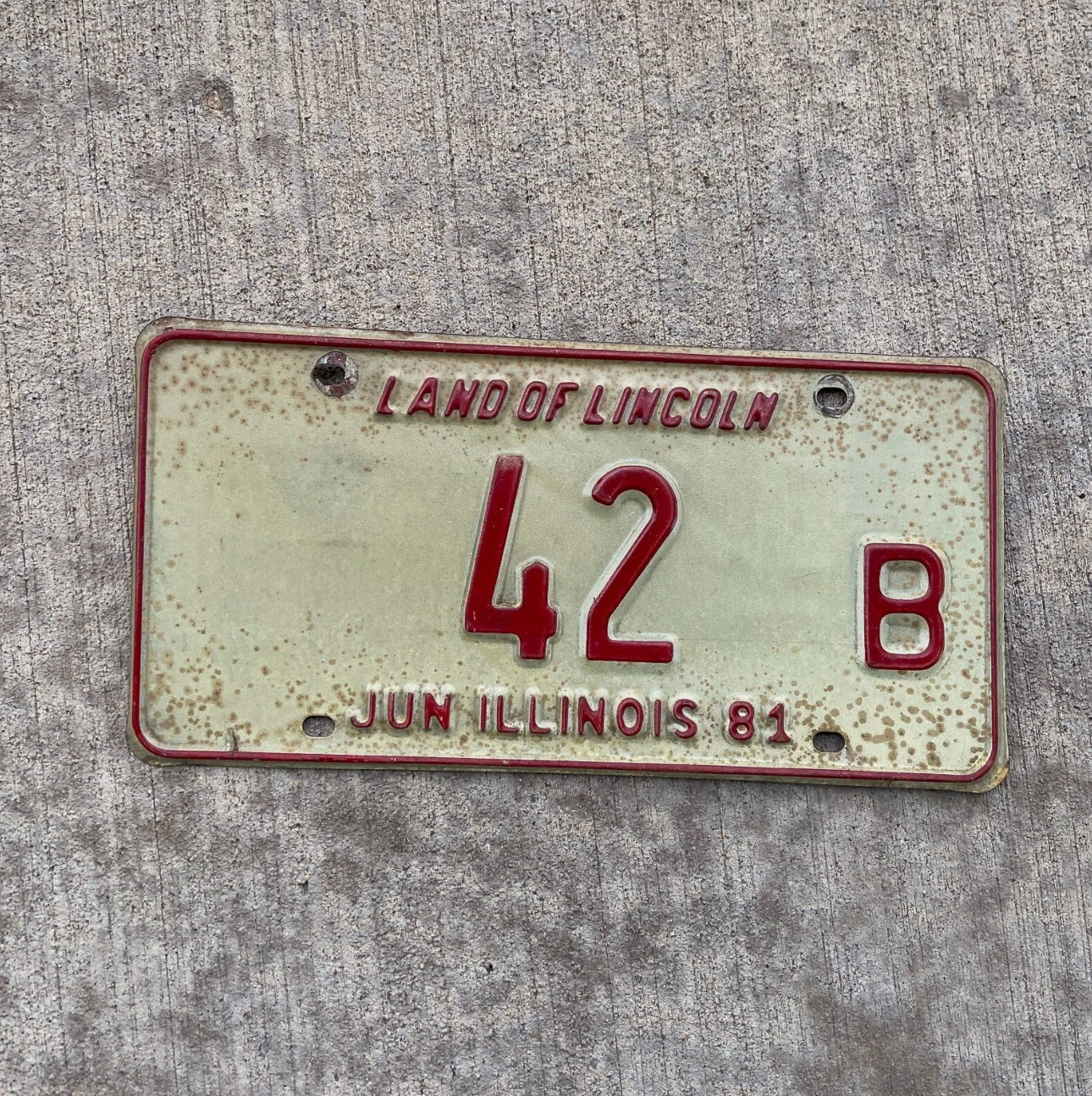 Photo of a 1981 Illinois Truck License Plate Auto Tag Garage Decor Vintage Low Number Two Digit 42 B with original patina
