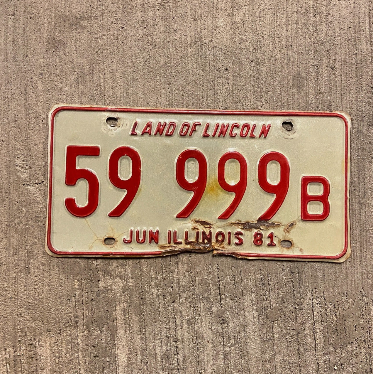 Photo of a 1981 Illinois Truck License Plate Auto Tag Garage Decor Vintage Repeat Repeating 59 999 B with original patina