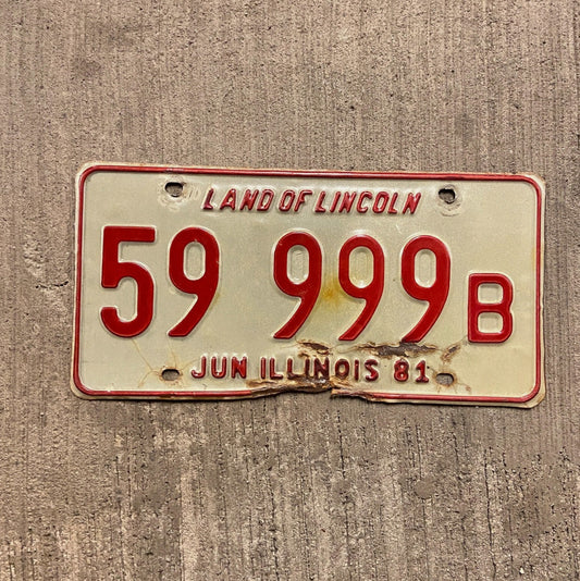 Photo of a 1981 Illinois Truck License Plate Auto Tag Garage Decor Vintage Repeat Repeating 59 999 B with original patina