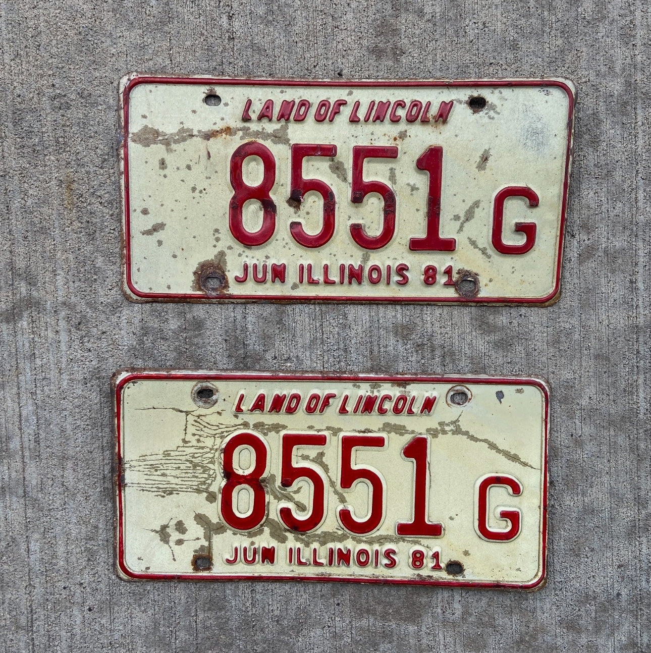 Photo of a 1981 Illinois Truck License Plate Pair Auto Tag Garage Decor Vintage 8551 G with original patina