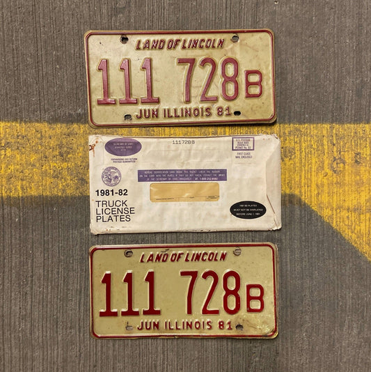 Photo of a 1981 Illinois Truck License Plate Pair Auto Tag Garage Decor Vintage Repeat Repeating 111 728 B with original patina