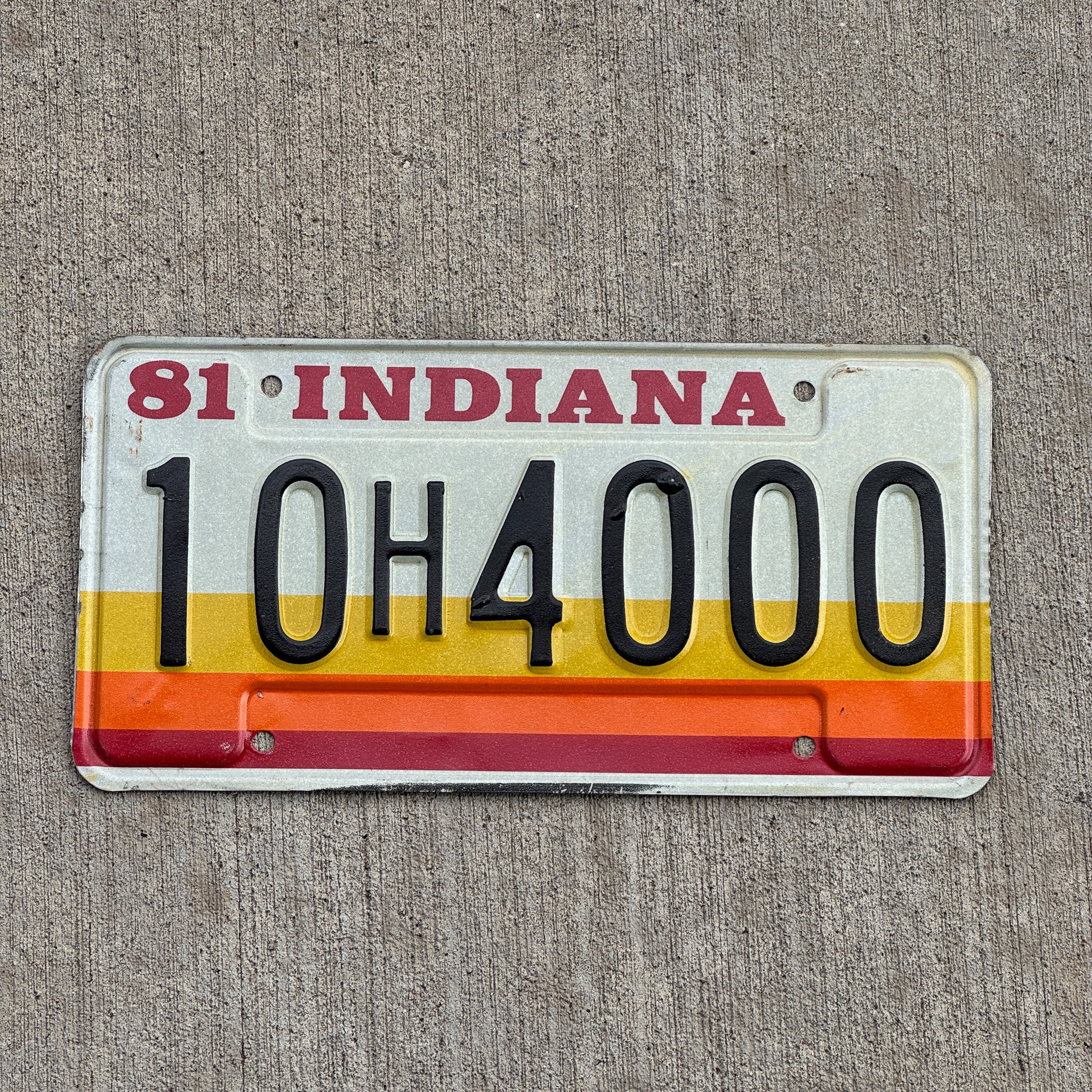 Photo of a 1981 Indiana License Plate Auto Tag Garage Decor Vintage 10 H 4000 with original patina