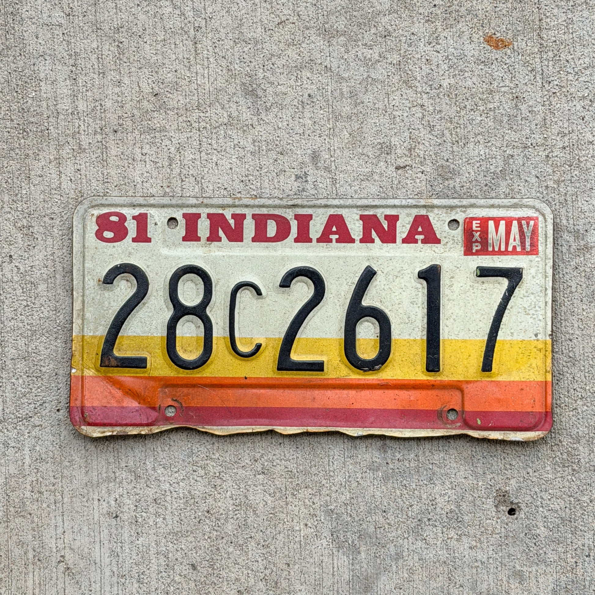 Photo of a 1981 Indiana License Plate Auto Tag Garage Decor Vintage 28 C 2617 with original patina