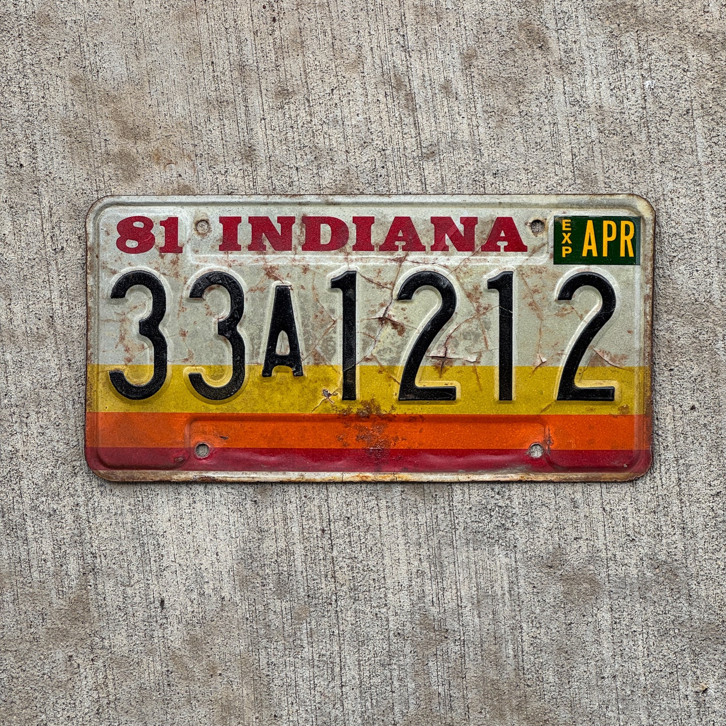 Photo of a 1981 Indiana License Plate Auto Tag Garage Decor Vintage 33 A 1212 with original patina