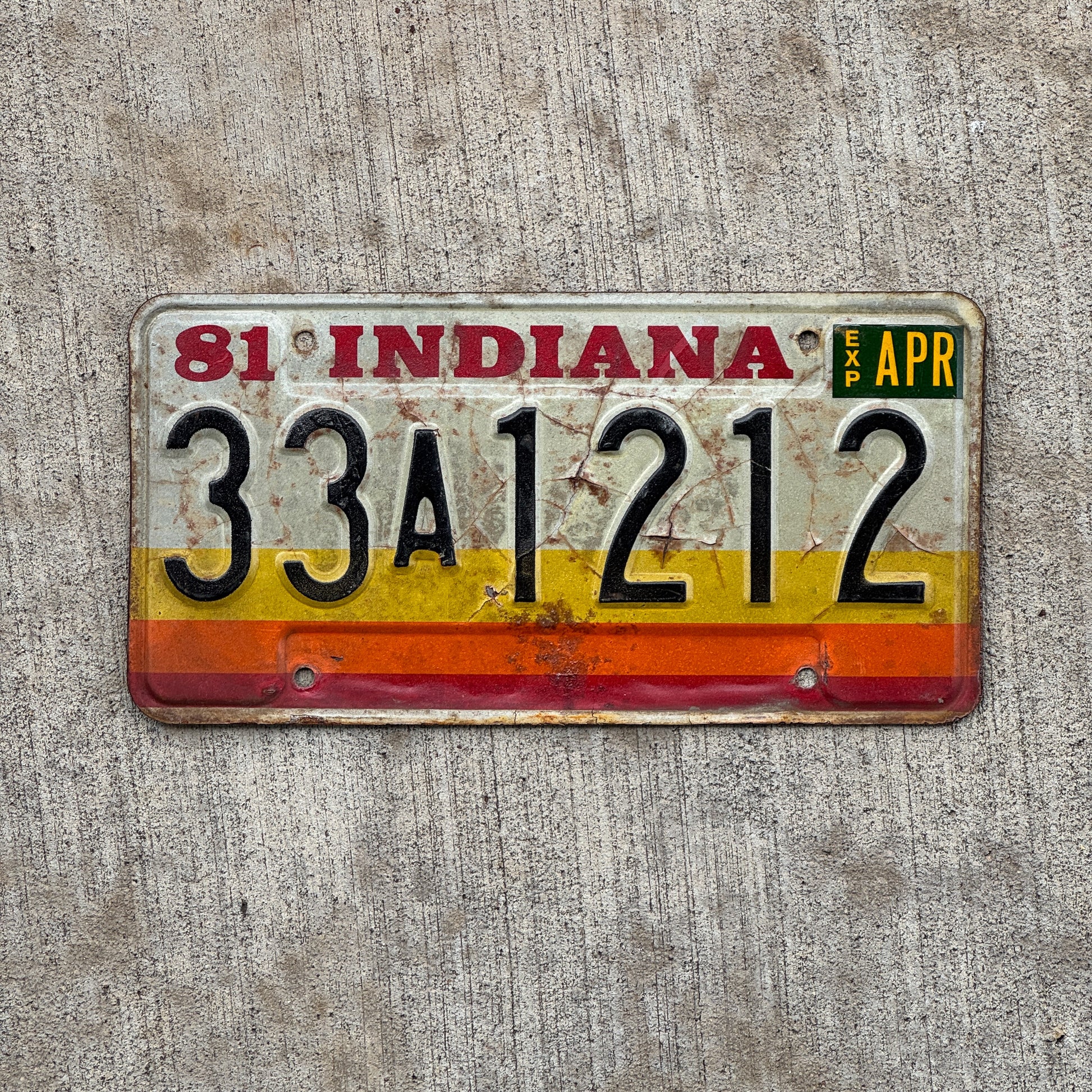 Photo of a 1981 Indiana License Plate Auto Tag Garage Decor Vintage 33 A 1212 with original patina