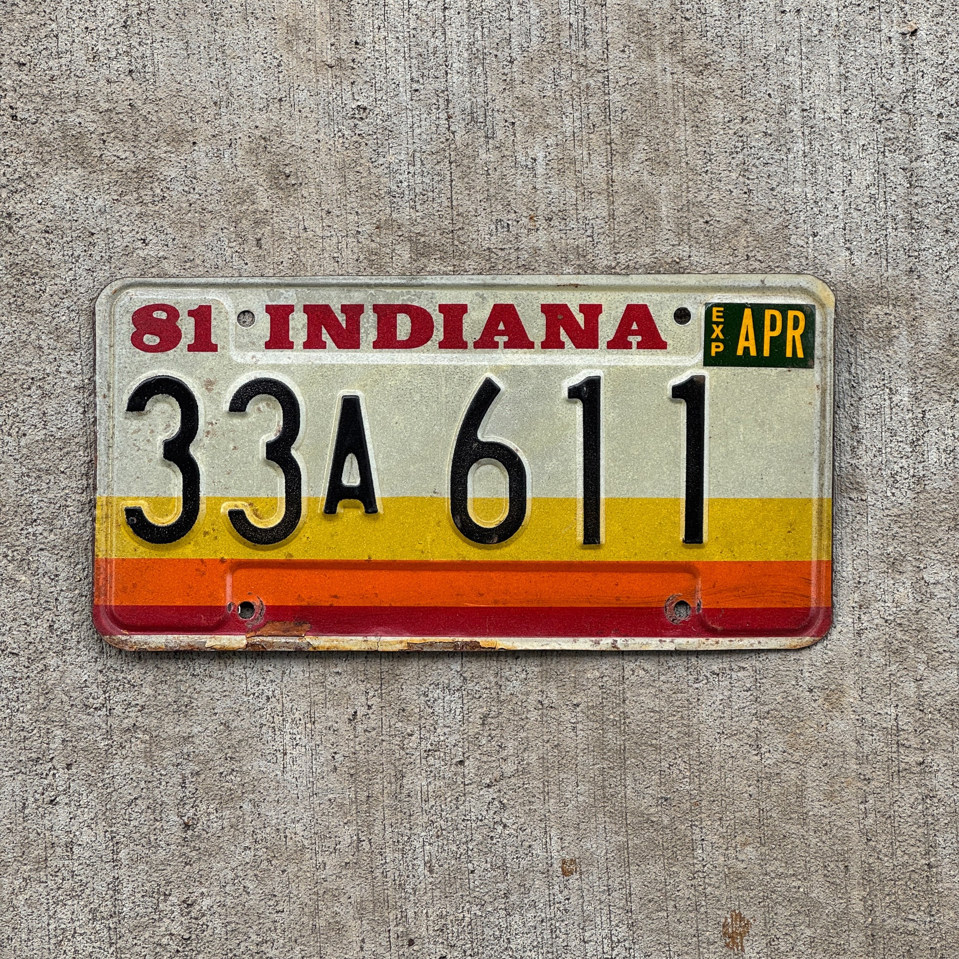 Photo of a 1981 Indiana License Plate Auto Tag Garage Decor Vintage 33 A 611 with original patina
