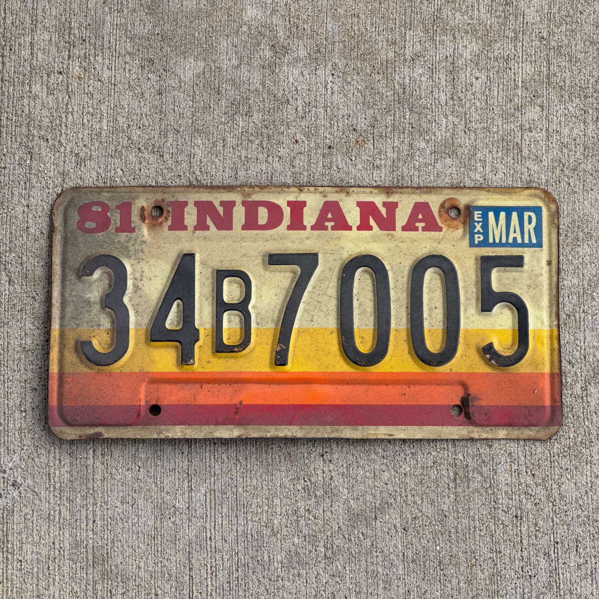 Photo of a 1981 Indiana License Plate Auto Tag Garage Decor Vintage 34 B 7005 with original patina