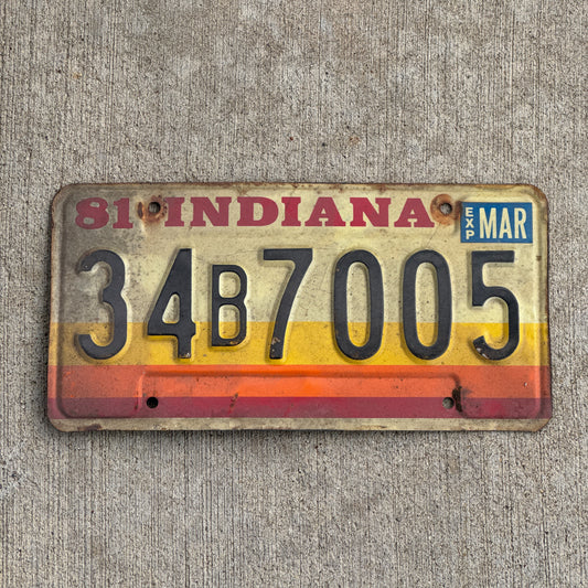 Photo of a 1981 Indiana License Plate Auto Tag Garage Decor Vintage 34 B 7005 with original patina