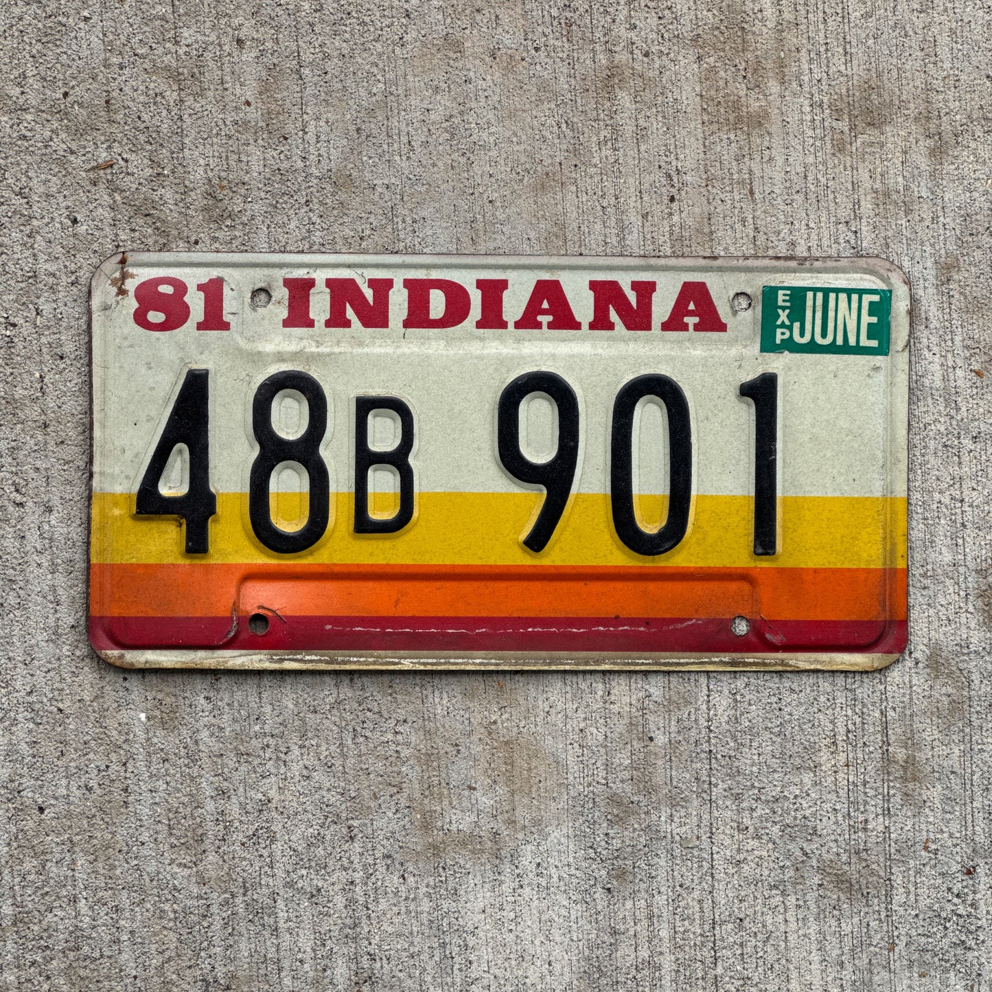Photo of a 1981 Indiana License Plate Auto Tag Garage Decor Vintage 48 B 901 with original patina