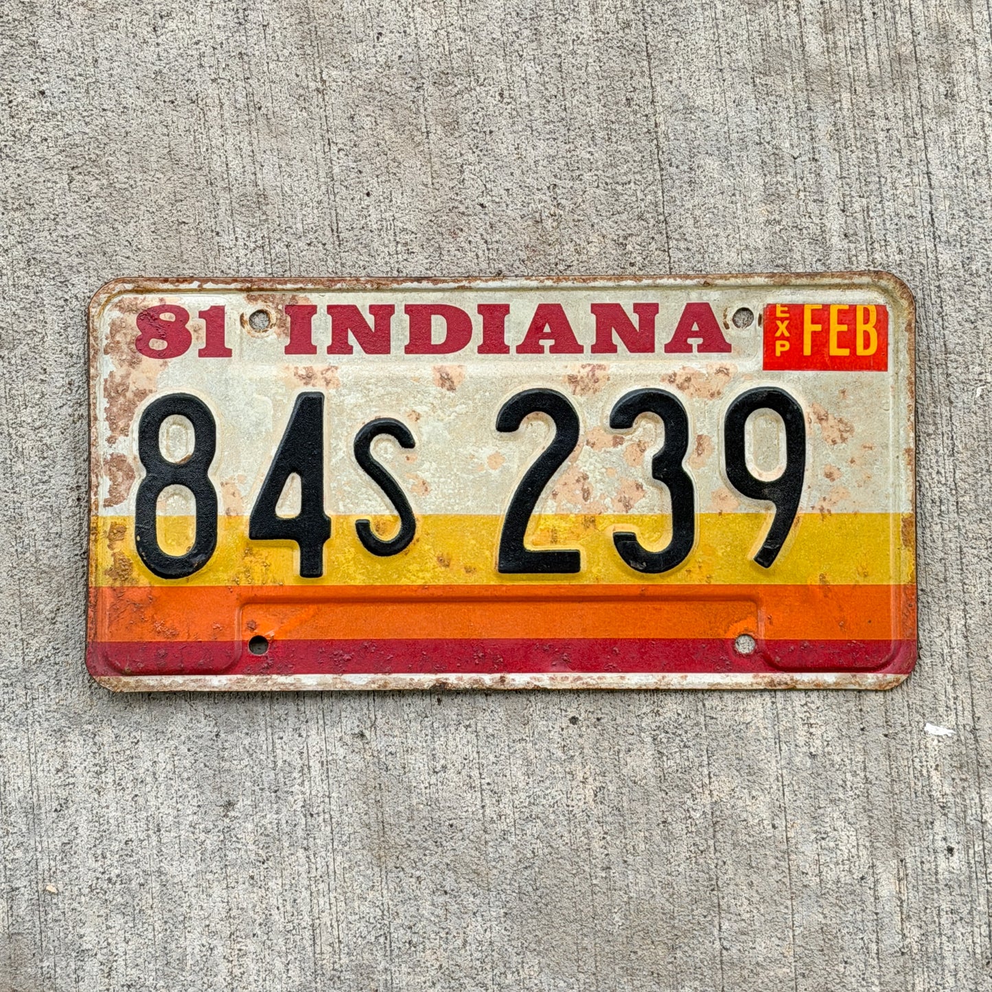 Photo of a 1981 Indiana License Plate Auto Tag Garage Decor Vintage 84 S 239 with original patina