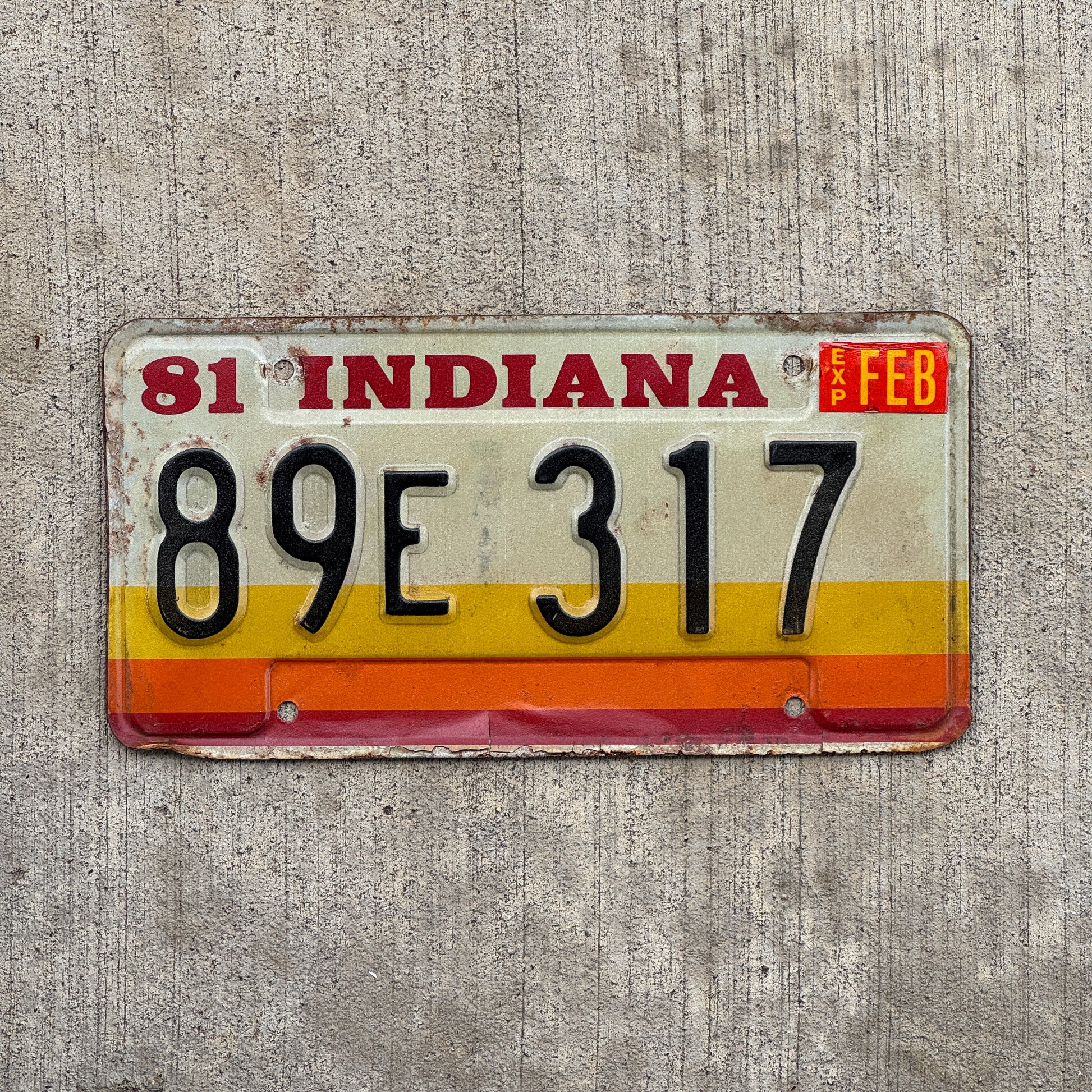 Photo of a 1981 Indiana License Plate Auto Tag Garage Decor Vintage 89 E 317 with original patina