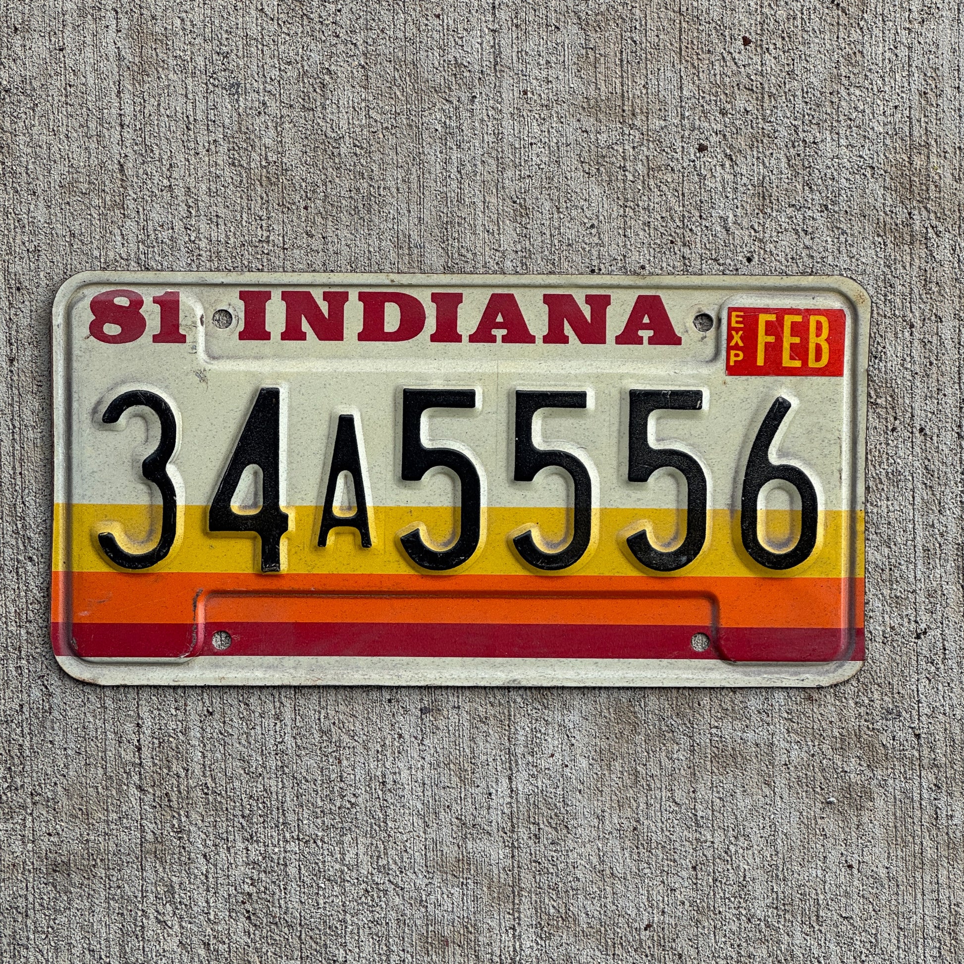 Photo of a 1981 Indiana License Plate Auto Tag Garage Decor Vintage Repeat Repeating 34 A 5556 with original patina