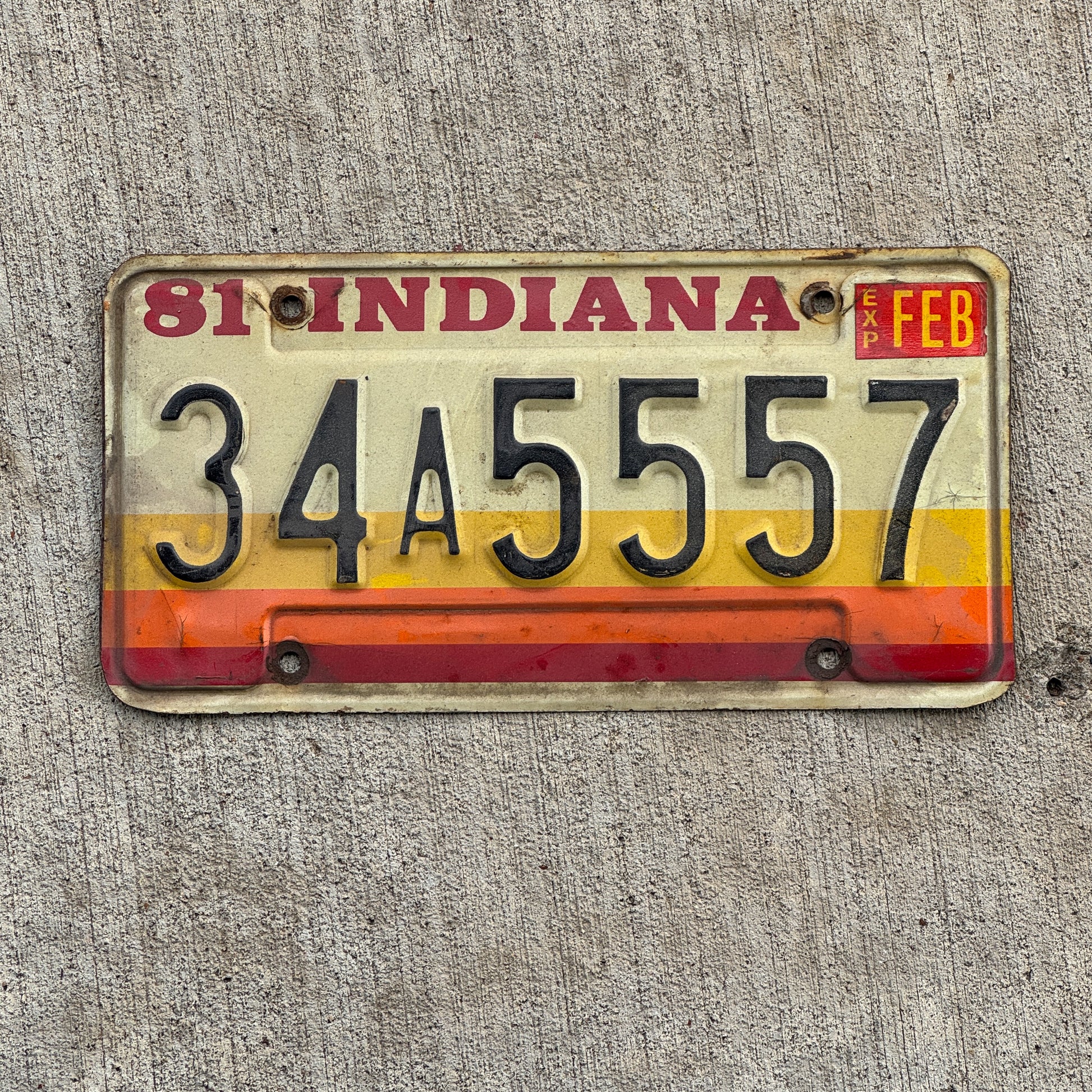 Photo of a 1981 Indiana License Plate Auto Tag Garage Decor Vintage Repeat Repeating 34 A 5557 with original patina