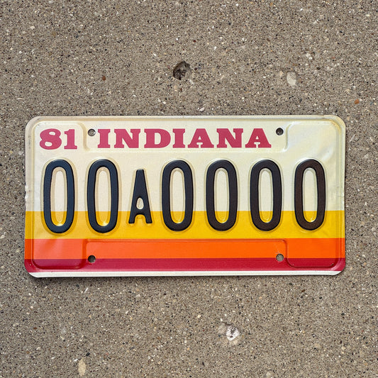 Photo of a 1981 Indiana Sample License Plate Auto Tag 2 Garage Decor 00A0000 with original patina
