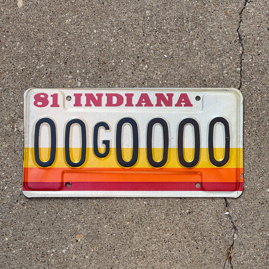 Photo of a 1981 Indiana Sample License Plate Auto Tag Garage Decor Vintage 00G0000 with original patina
