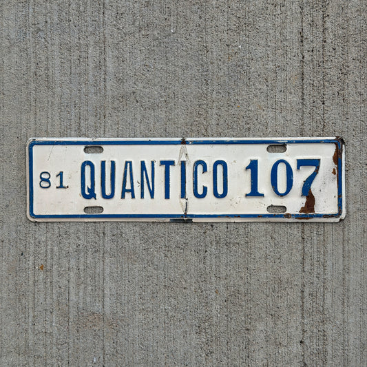 Photo of a 1981 Quantico Virginia License Plate Topper Auto Tag Garage Decor Vintage
 FBI Headquarters 107 with original patina