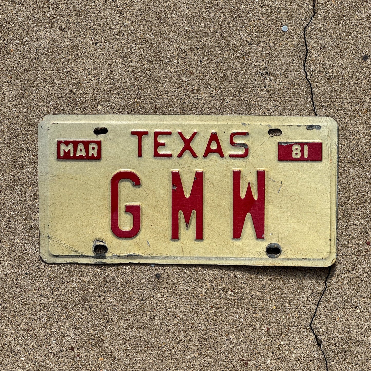 Photo of a 1981 Texas Vanity License Plate Auto Tag Garage Decor Vintage Initials Name GMW