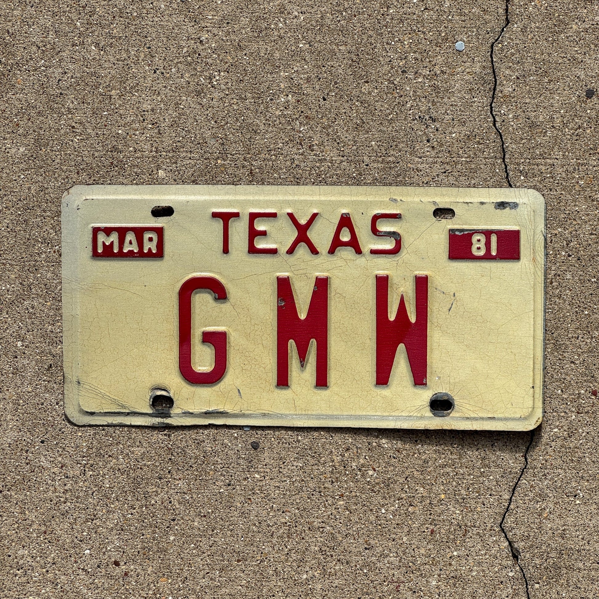 Photo of a 1981 Texas Vanity License Plate Auto Tag Garage Decor Vintage Initials Name GMW