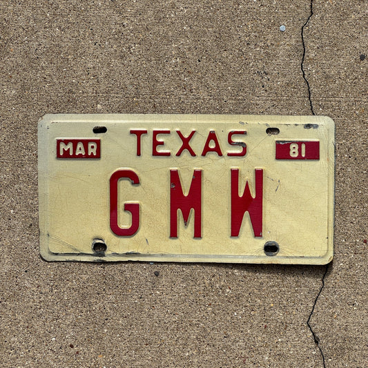 Photo of a 1981 Texas Vanity License Plate Auto Tag Garage Decor Vintage Initials Name GMW