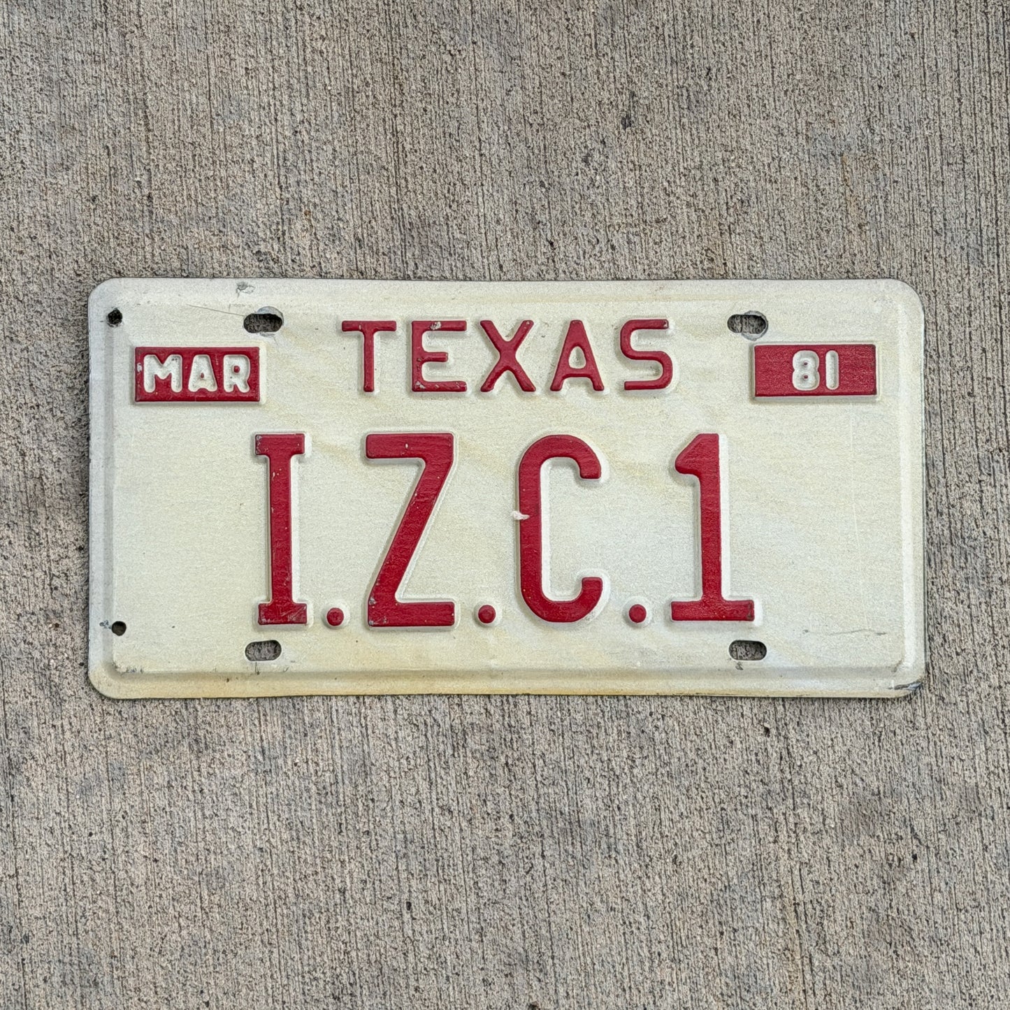 Photo of a 1981 Texas Vanity License Plate Auto Tag Garage Decor Vintage IZC 1 with original patina