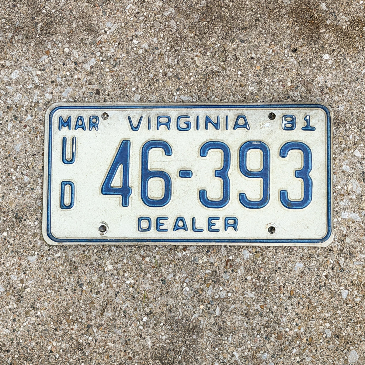 Photo of a 1981 Virginia Used Car Dealer License Plate Auto Tag Garage Decor Vintage UD 46 393 with original patina