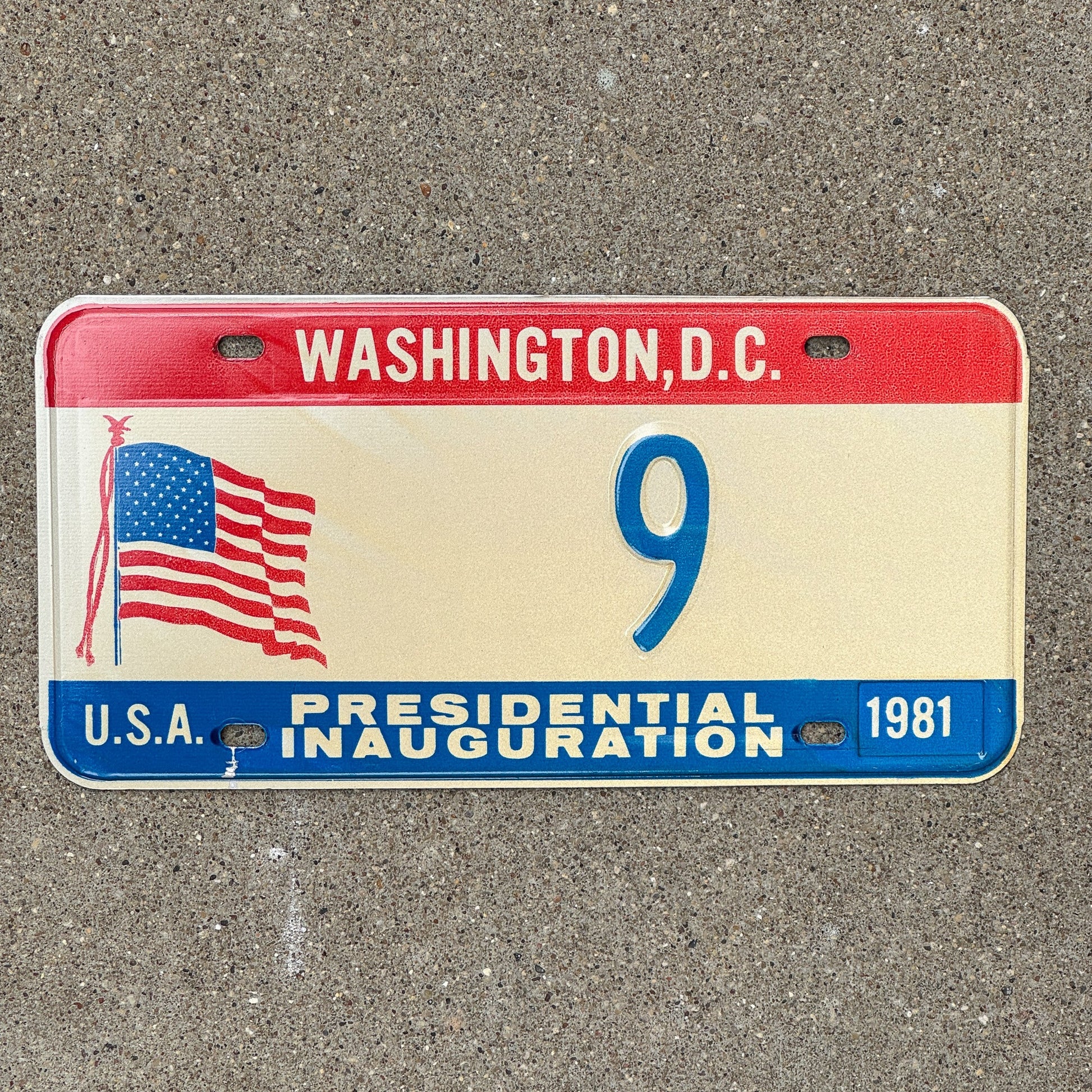 Photo of a 1981 Washington DC Inaugural License Plate Auto Tag Garage Decor Vintage Reagan Politics Political Low Number Single Digit 9 with original patina