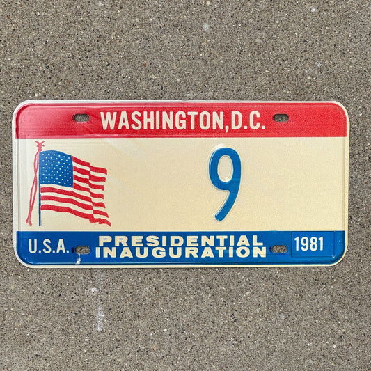 Photo of a 1981 Washington DC Inaugural License Plate Auto Tag Garage Decor Vintage Reagan Politics Political Low Number Single Digit 9 with original patina