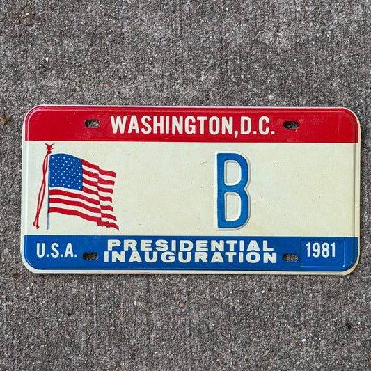 Photo of a 1981 Washington DC Inaugural License Plate Auto Tag Garage Decor Vintage Single Letter B with original patina