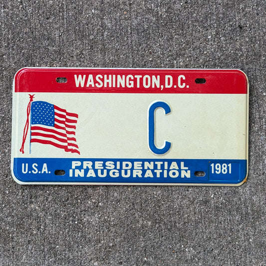 Photo of a 1981 Washington DC Inaugural License Plate Auto Tag Garage Decor Vintage Single Letter C with original patina