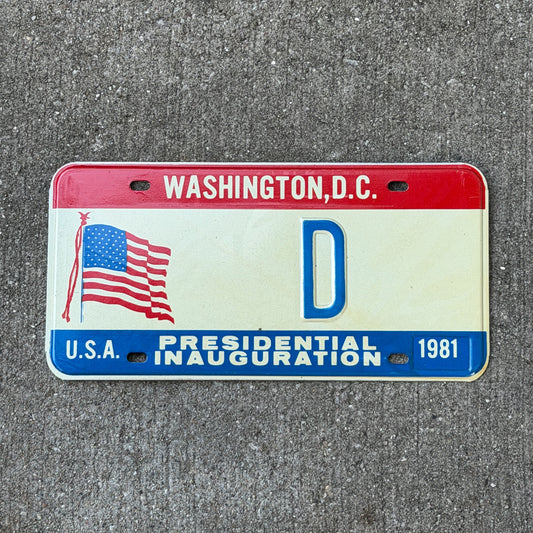 Photo of a 1981 Washington DC Inaugural License Plate Auto Tag Garage Decor Vintage Single Letter D with original patina