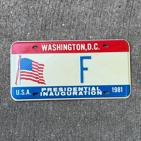 Photo of a 1981 Washington DC Inaugural License Plate Auto Tag Garage Decor Vintage Single Letter F with original patina