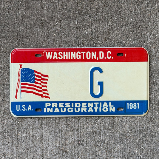Photo of a 1981 Washington DC Inaugural License Plate Auto Tag Garage Decor Vintage Single Letter G with original patina
