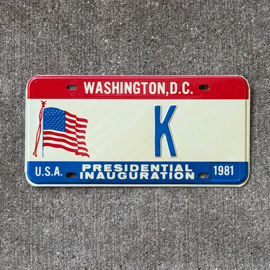 Photo of a 1981 Washington DC Inaugural License Plate Auto Tag Garage Decor Vintage Single Letter K with original patina